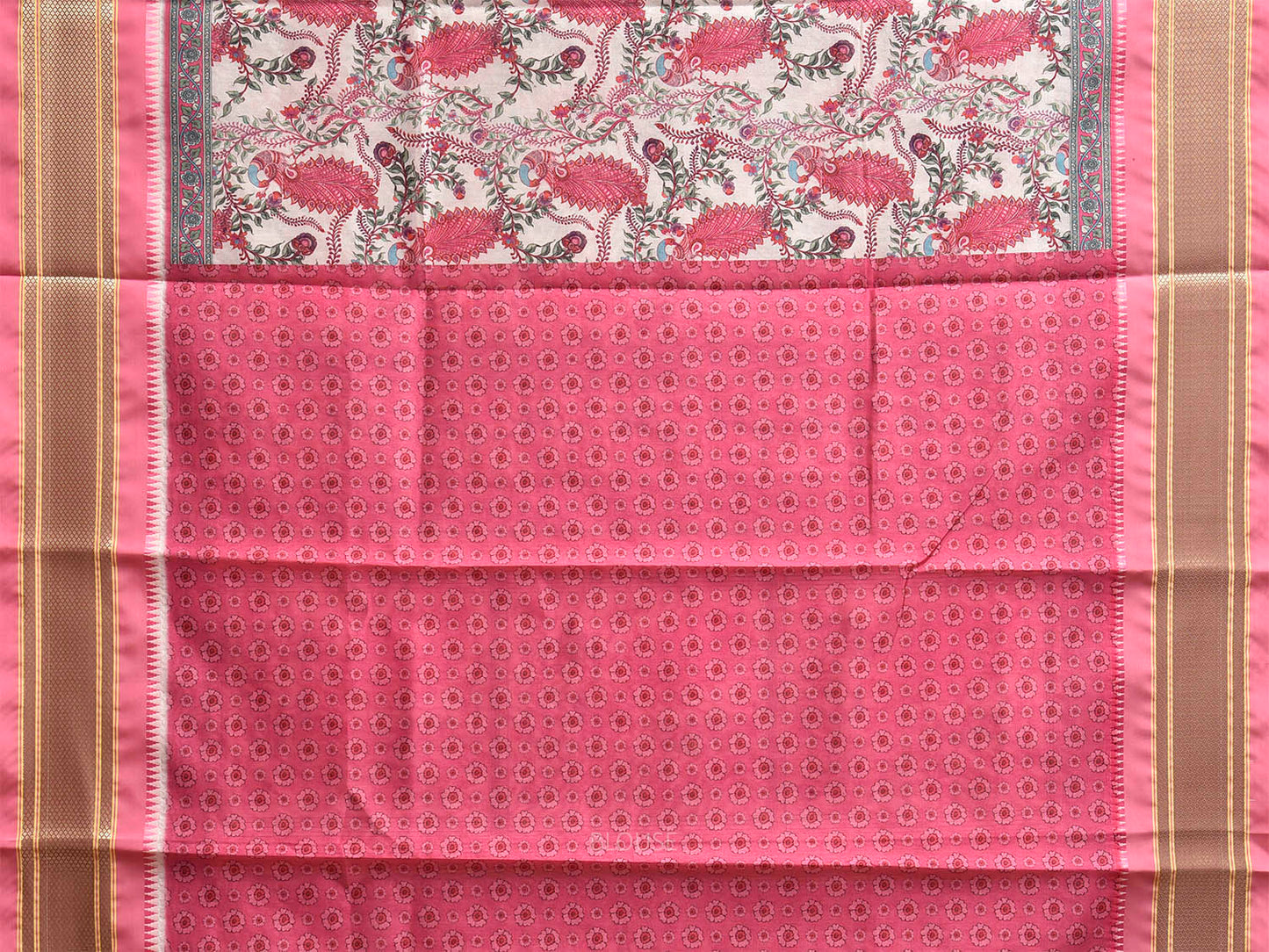 Cream and Pink Bamboo Cotton Saree with Digital Print Peacocks Design bc1070