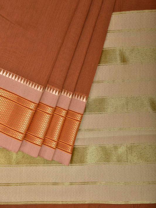 Fawn and Cream Bamboo Cotton Plain Saree with Contrast Pallu Design No Blouse bc1071