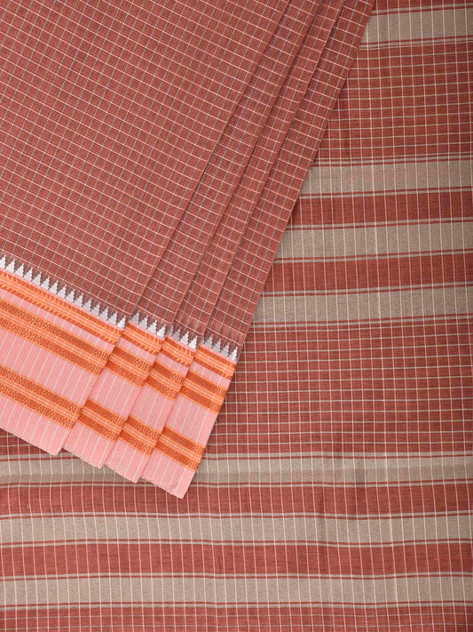 Fawn and Cream Bamboo Cotton Saree with Checks Design No Blouse bc1074