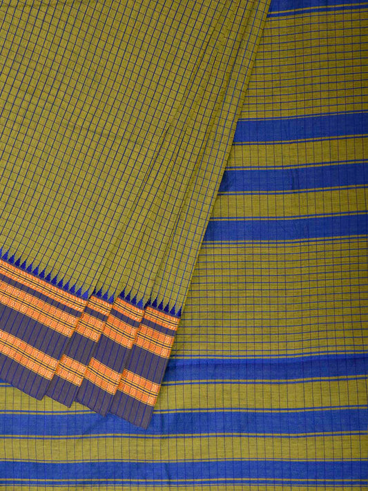 Green and Blue Bamboo Cotton Saree with Checks Design No Blouse bc1075