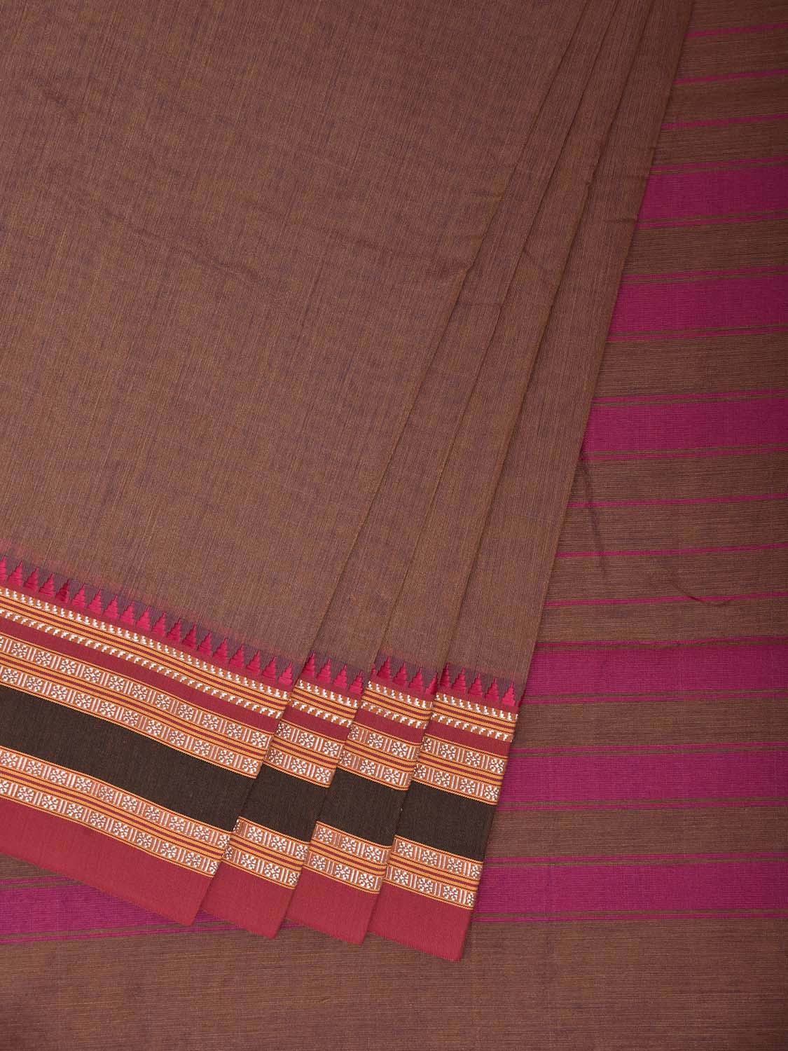 Fawn and Pink Bamboo Cotton Plain Saree with Strips Pallu Design No Blouse bc1076