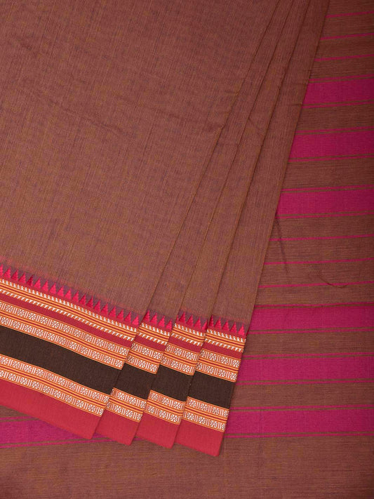 Fawn and Pink Bamboo Cotton Plain Saree with Strips Pallu Design No Blouse bc1076