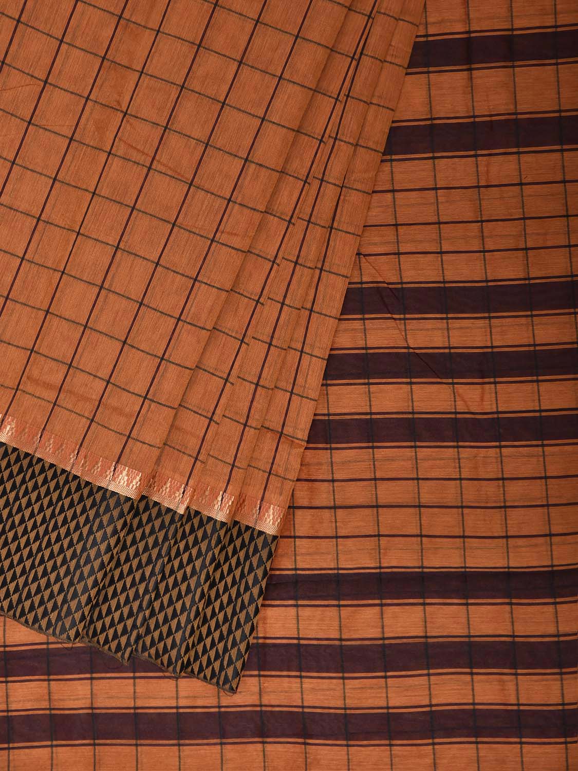 Orange and Black Bamboo Cotton Saree with Big Checks Design No Blouse bc1077