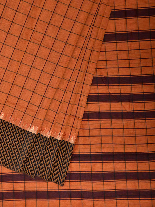 Orange and Black Bamboo Cotton Saree with Big Checks Design No Blouse bc1077