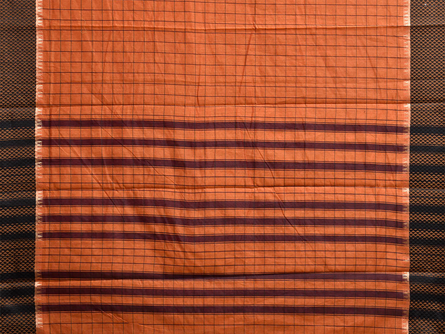 Orange and Black Bamboo Cotton Saree with Big Checks Design No Blouse bc1077