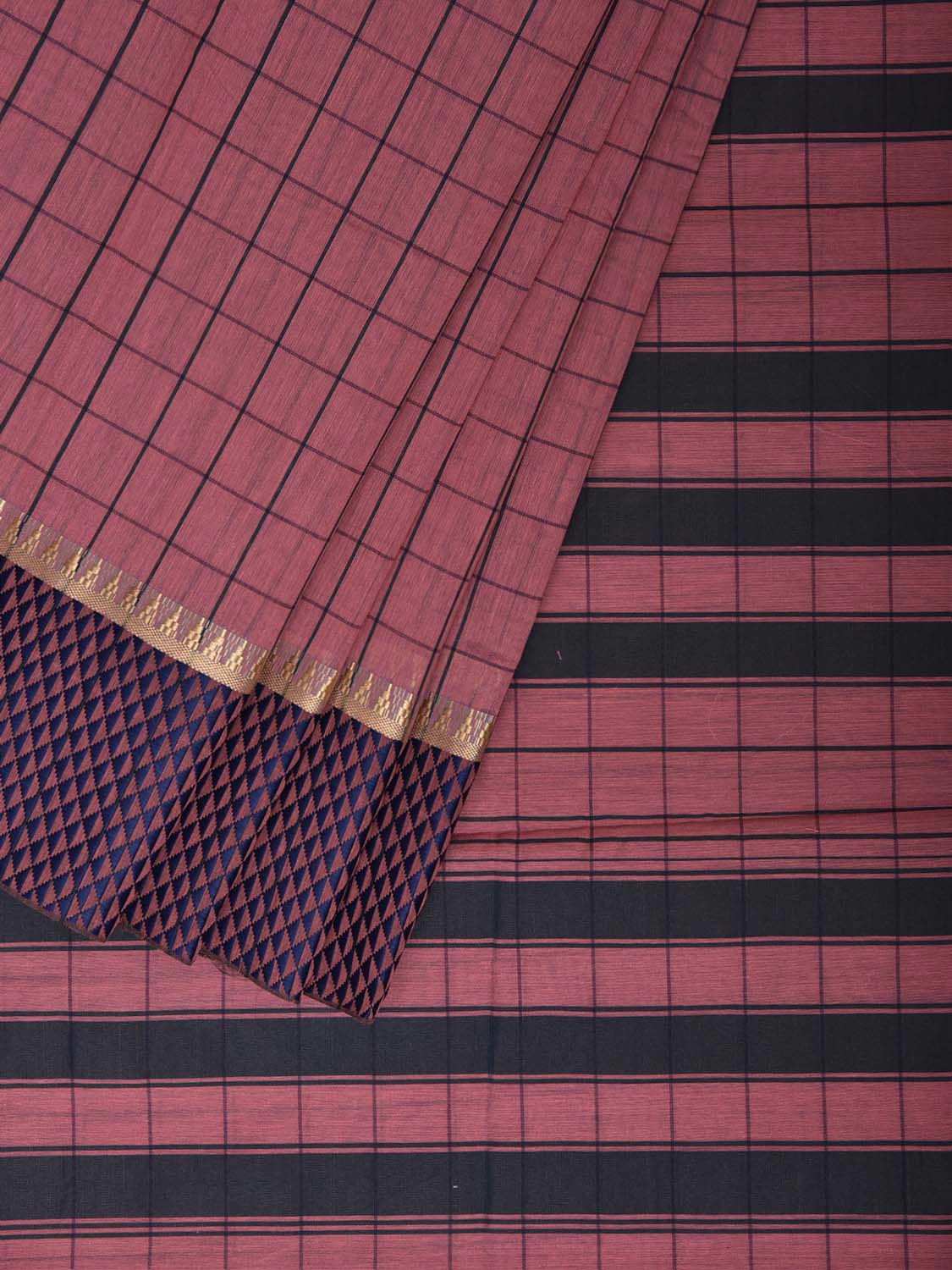 Peach and Dark Blue Bamboo Cotton Saree with Big Checks Design No Blouse bc1078