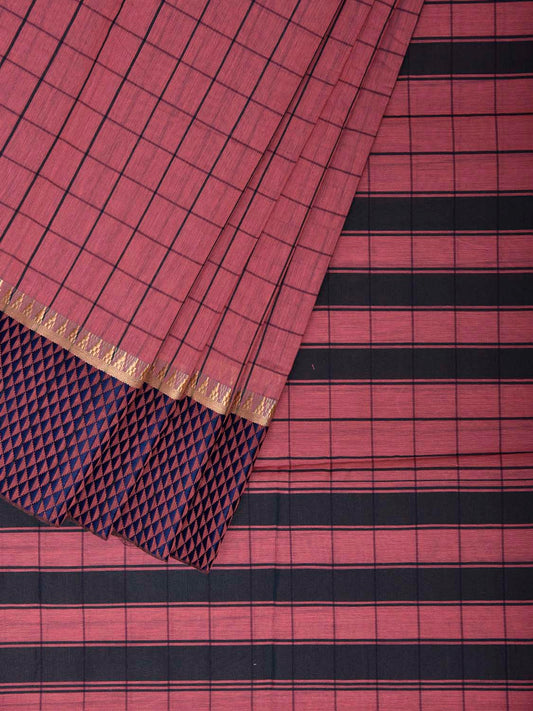 Peach and Dark Blue Bamboo Cotton Saree with Big Checks Design No Blouse bc1078