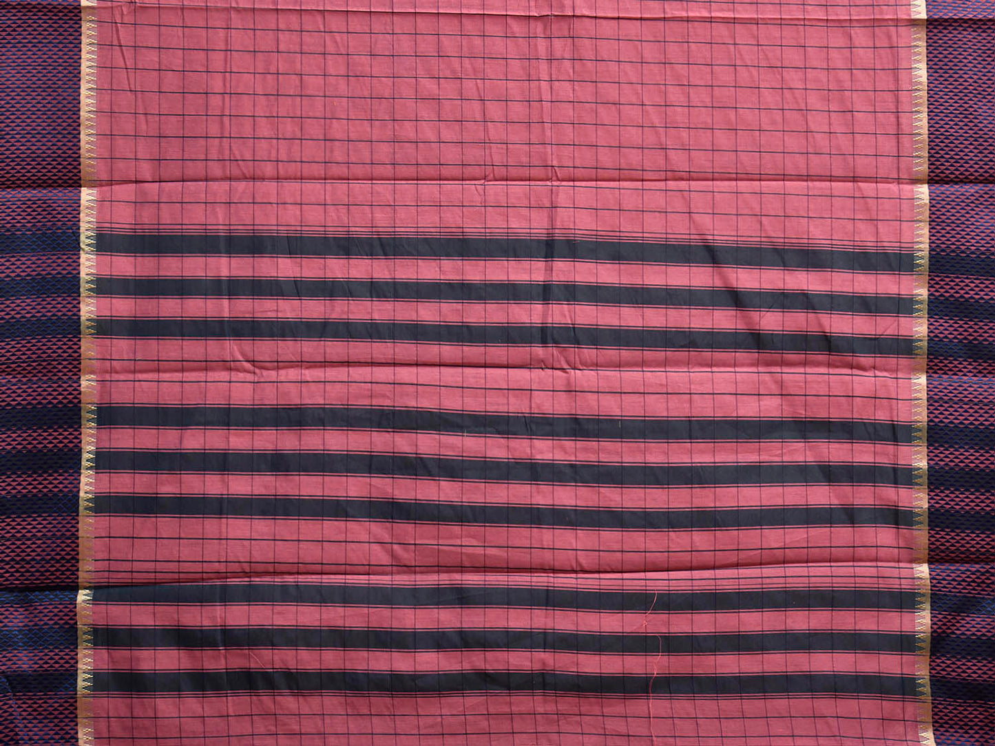 Peach and Dark Blue Bamboo Cotton Saree with Big Checks Design No Blouse bc1078