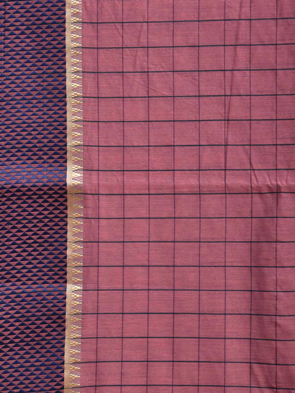 Peach and Dark Blue Bamboo Cotton Saree with Big Checks Design No Blouse bc1078