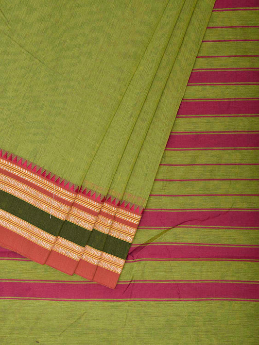 Green and Pink Bamboo Cotton Plain Saree with Strips Pallu Design No Blouse bc1079