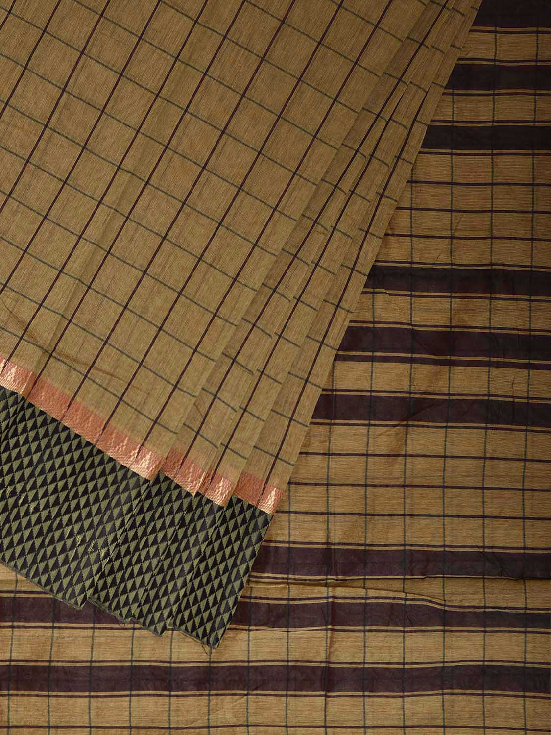 Fawn and Brown Bamboo Cotton Saree with Big Checks Design No Blouse bc1080