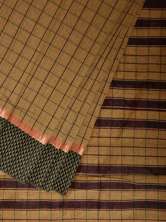 Fawn and Brown Bamboo Cotton Saree with Big Checks Design No Blouse bc1080