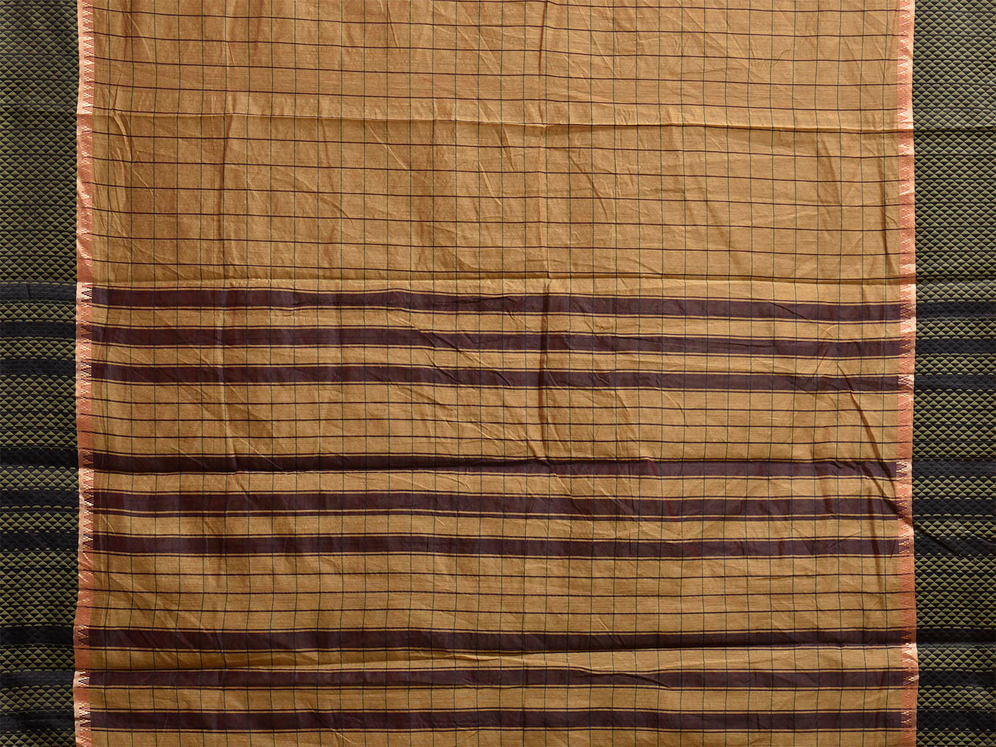 Fawn and Brown Bamboo Cotton Saree with Big Checks Design No Blouse bc1080