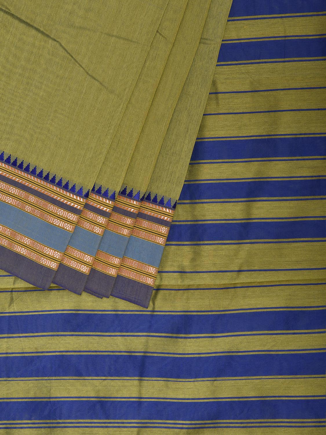 Green and Blue Bamboo Cotton Plain Saree with Strips Pallu Design No Blouse bc1081