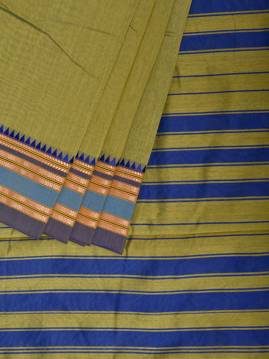Green and Blue Bamboo Cotton Plain Saree with Strips Pallu Design No Blouse bc1081