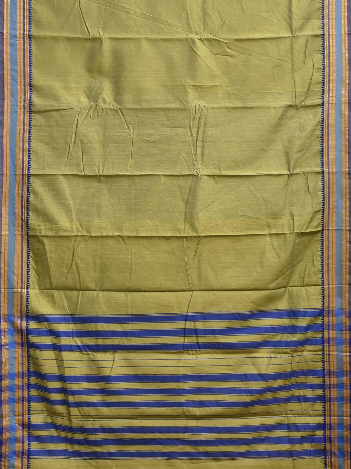 Green and Blue Bamboo Cotton Plain Saree with Strips Pallu Design No Blouse bc1081