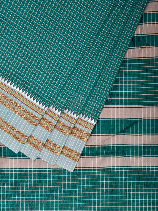Teal and White Bamboo Cotton Saree with Checks Design No Blouse bc1082