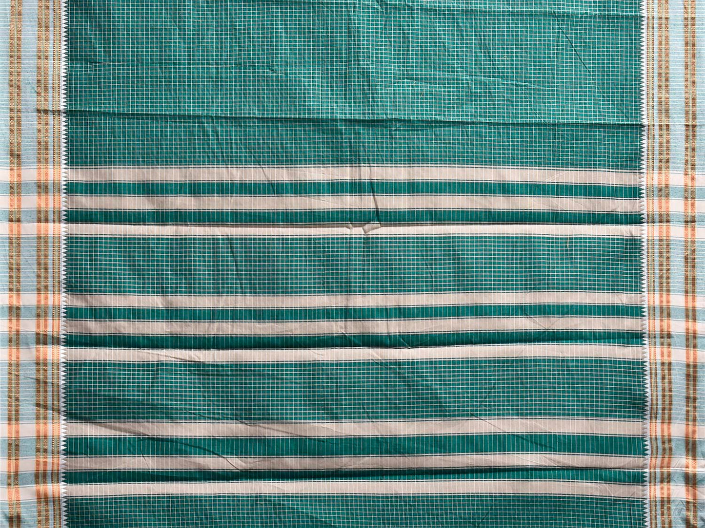 Teal and White Bamboo Cotton Saree with Checks Design No Blouse bc1082