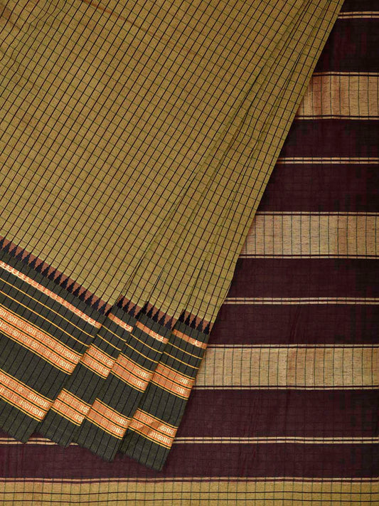 Olive and Brown Bamboo Cotton Viscose Silk Saree with Checks Design No Blouse bc1083