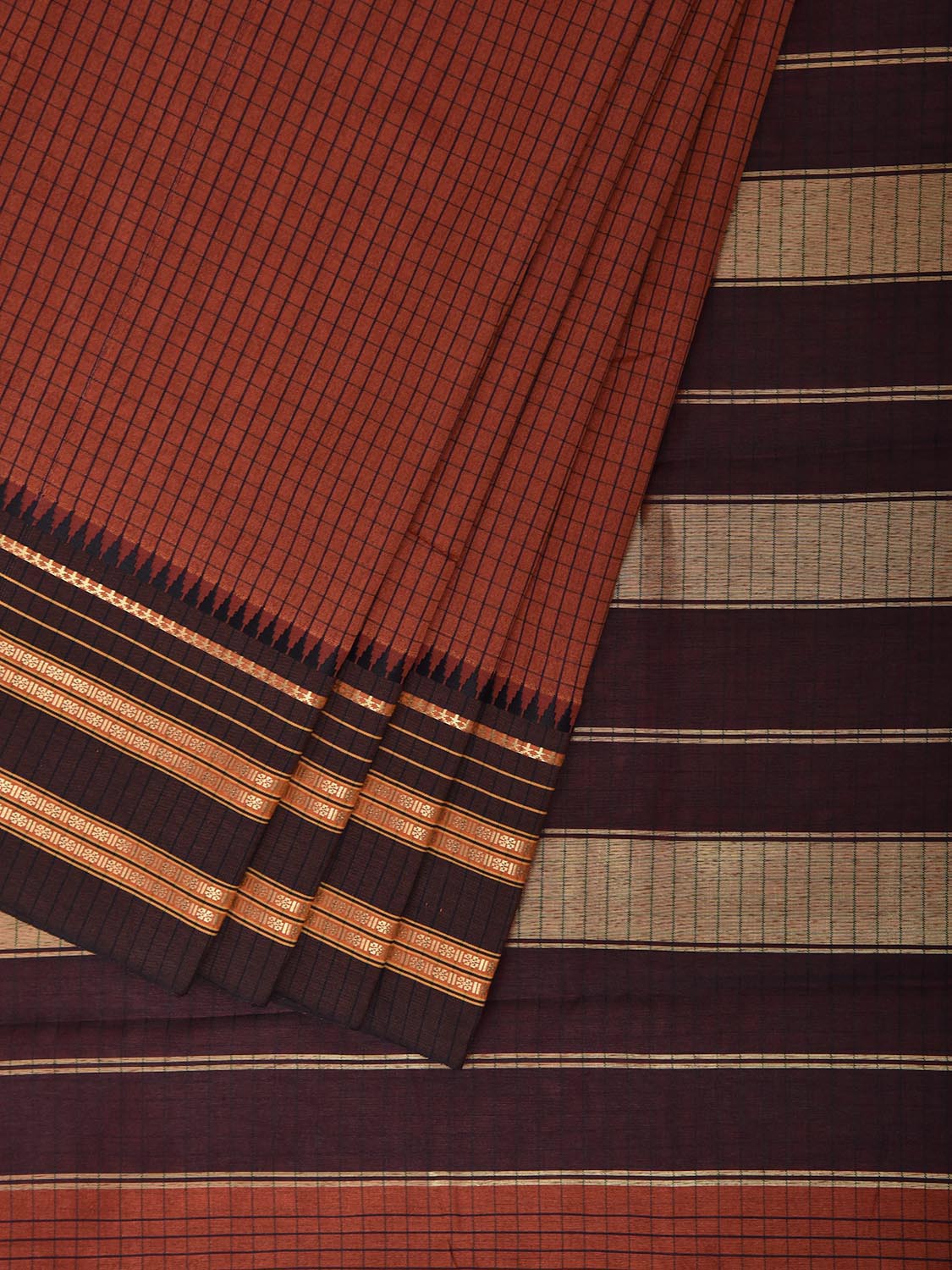 Rust and Brown Bamboo Cotton Viscose Silk Saree with Checks Design No Blouse bc1084