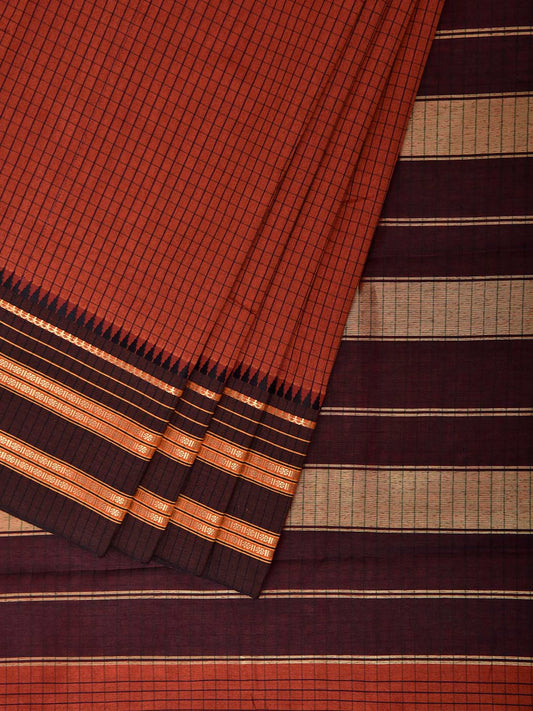Rust and Brown Bamboo Cotton Viscose Silk Saree with Checks Design No Blouse bc1084