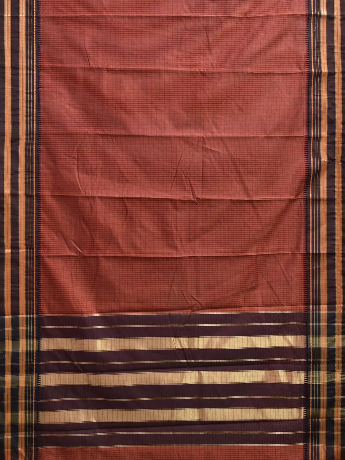 Rust and Brown Bamboo Cotton Viscose Silk Saree with Checks Design No Blouse bc1084