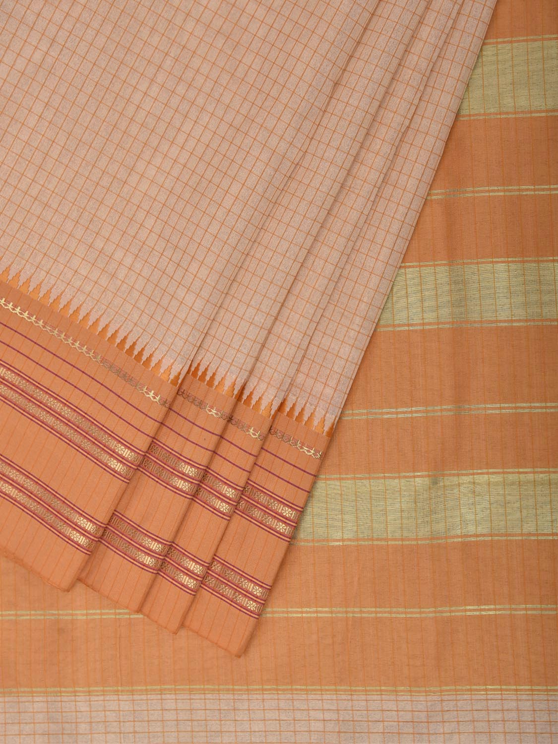Cream and Light Orange Bamboo Cotton Viscose Silk Saree with Checks Design No Blouse bc1085