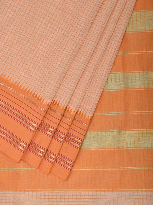 Cream and Light Orange Bamboo Cotton Viscose Silk Saree with Checks Design No Blouse bc1085