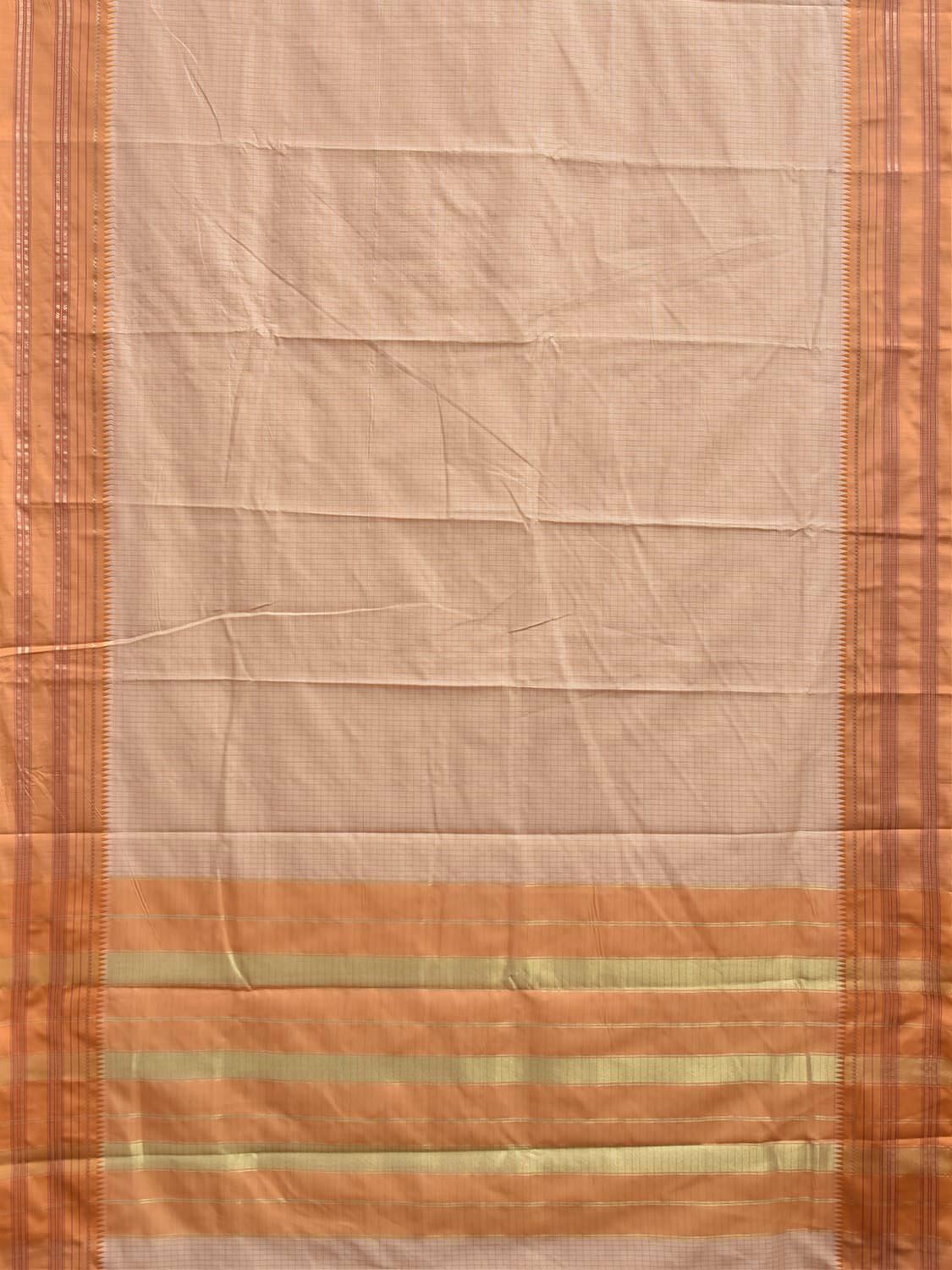 Cream and Light Orange Bamboo Cotton Viscose Silk Saree with Checks Design No Blouse bc1085