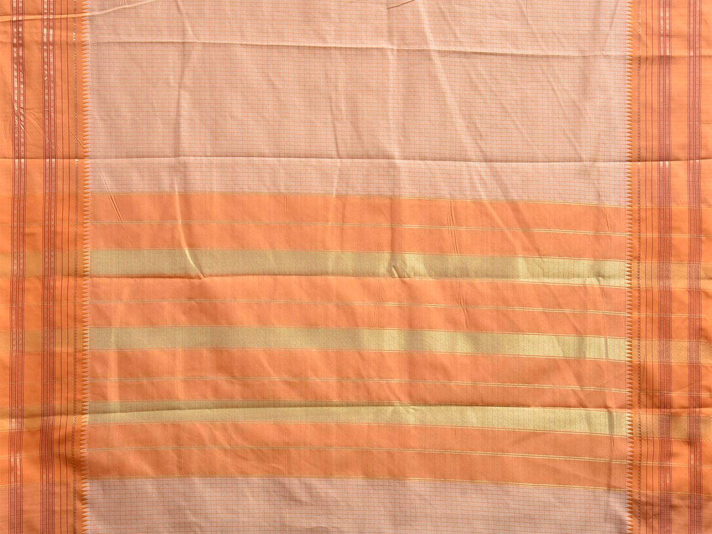 Cream and Light Orange Bamboo Cotton Viscose Silk Saree with Checks Design No Blouse bc1085