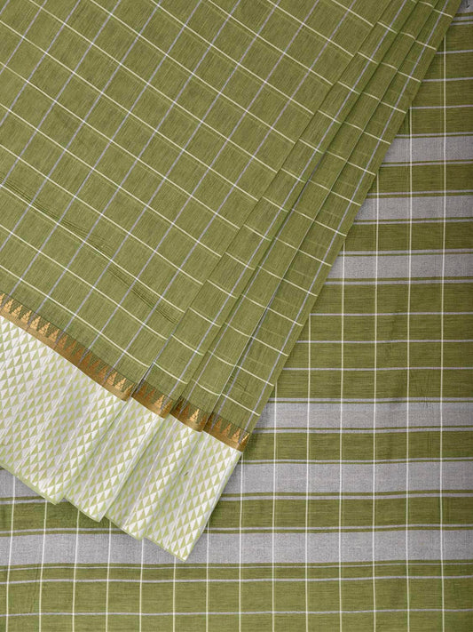 Light Green and White Bamboo Cotton Saree with Big Checks Design No Blouse bc1086