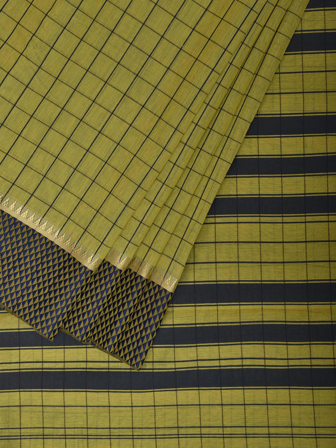 Green and Dark Blue Bamboo Cotton Saree with Big Checks Design No Blouse bc1087