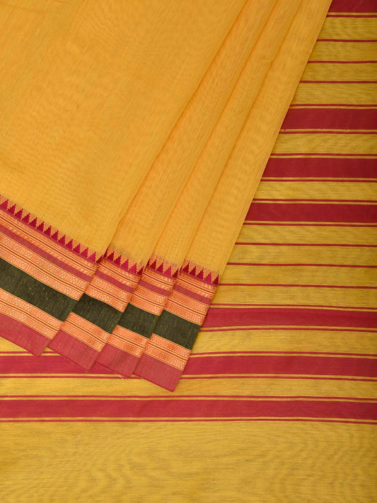 Yellow and Pink Bamboo Cotton Plain Saree with Strips Pallu Design No Blouse bc1088