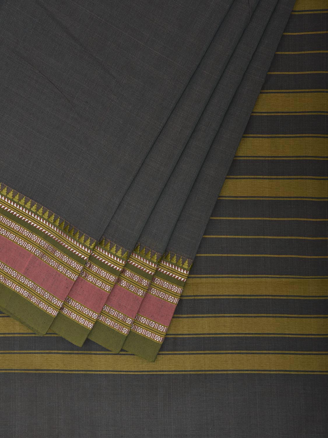Grey and Olive Bamboo Cotton Plain Saree with Strips Pallu Design No Blouse bc1089