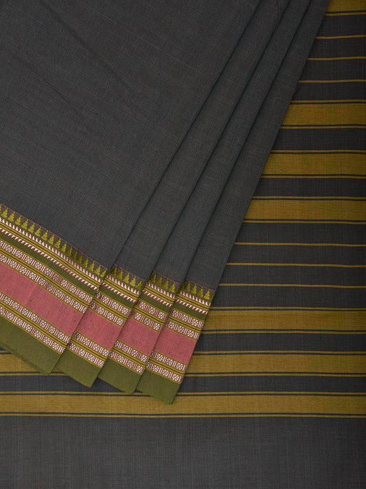 Grey and Olive Bamboo Cotton Plain Saree with Strips Pallu Design No Blouse bc1089