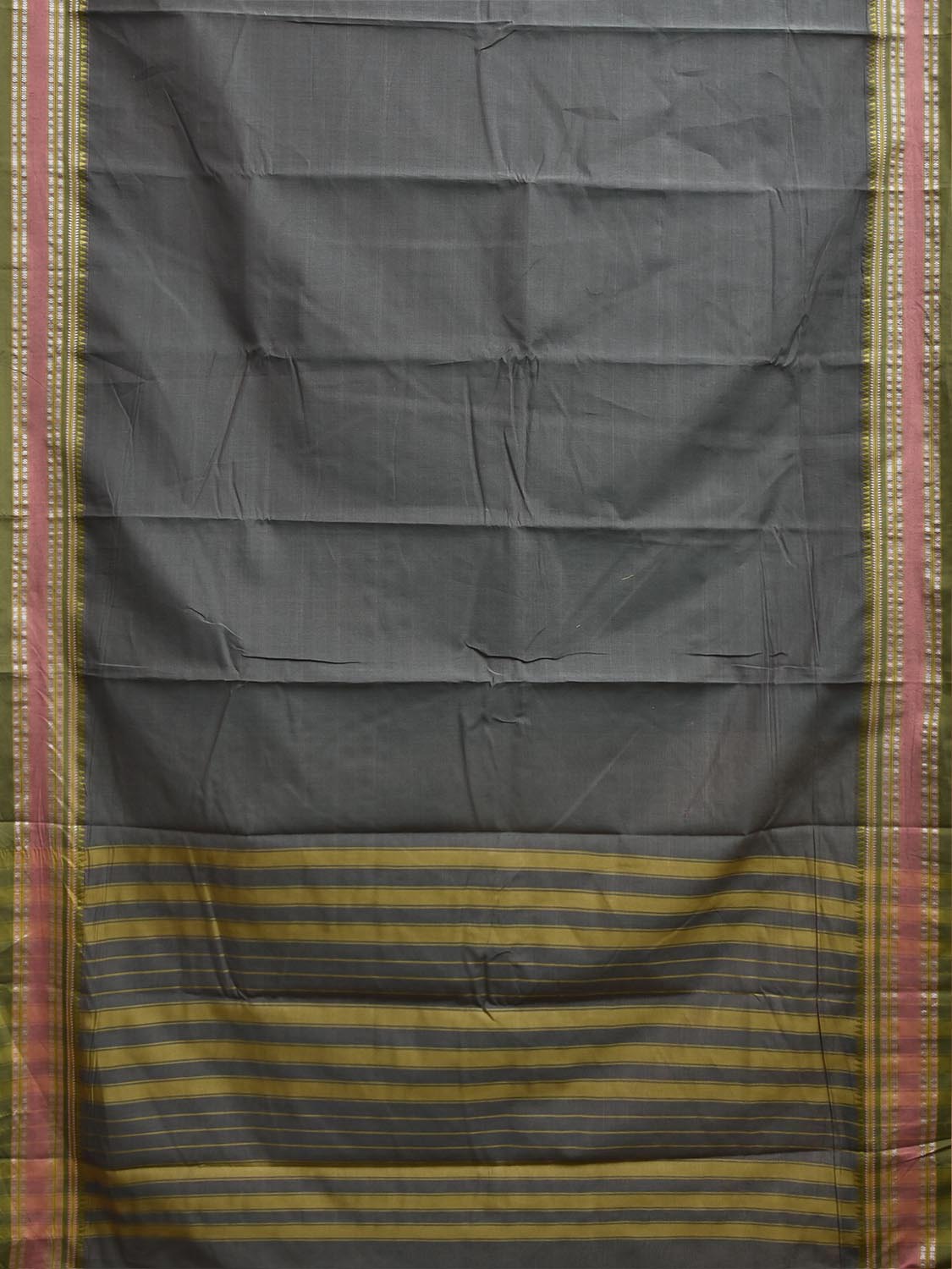 Grey and Olive Bamboo Cotton Plain Saree with Strips Pallu Design No Blouse bc1089