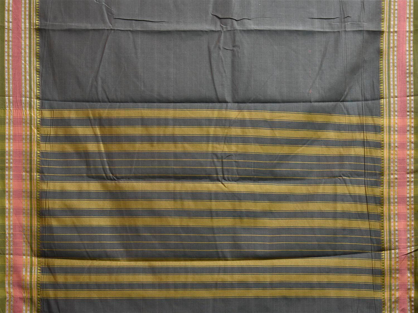 Grey and Olive Bamboo Cotton Plain Saree with Strips Pallu Design No Blouse bc1089