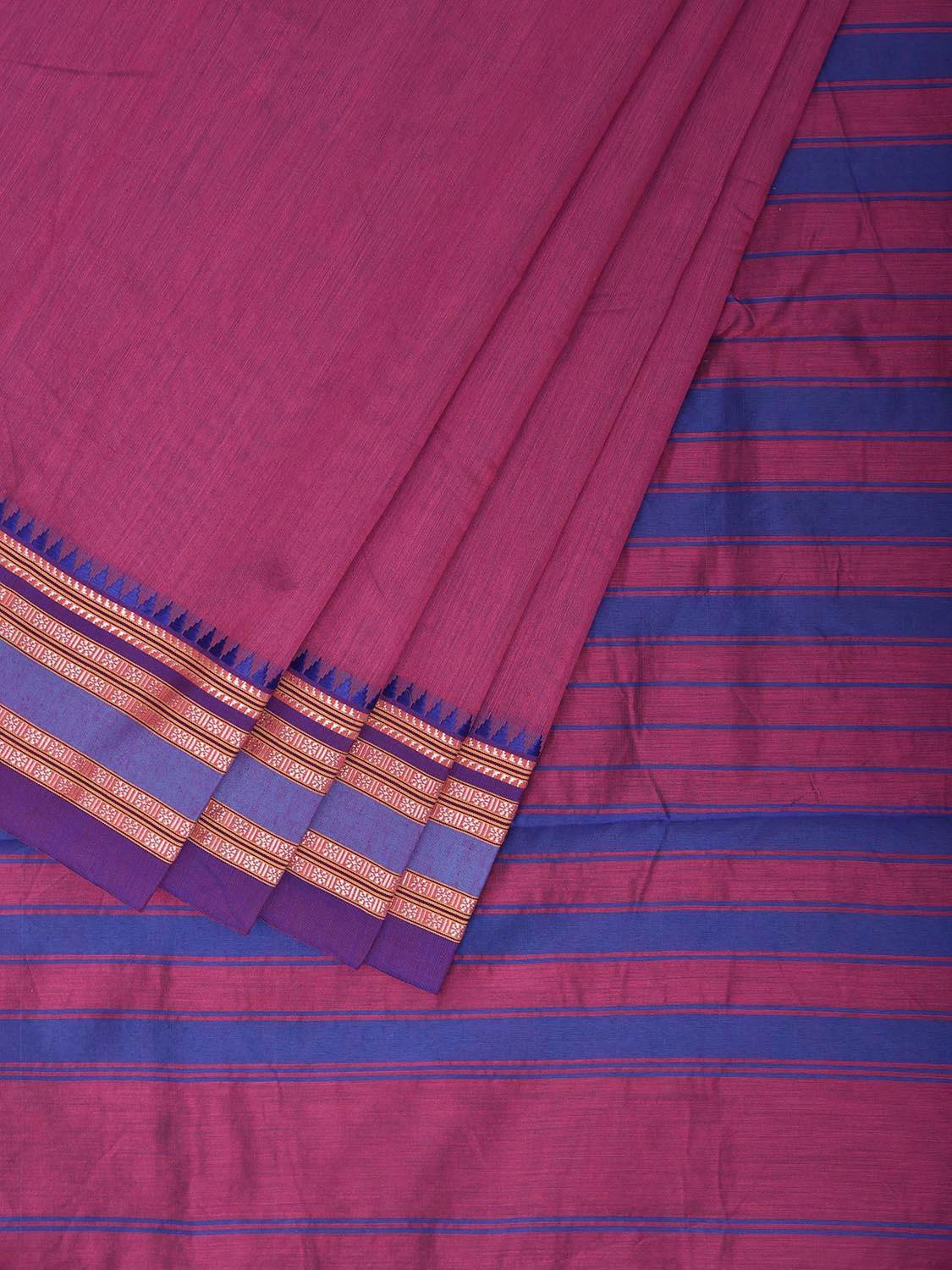 Pink and Blue Bamboo Cotton Plain Saree with Strips Pallu Design No Blouse bc1090