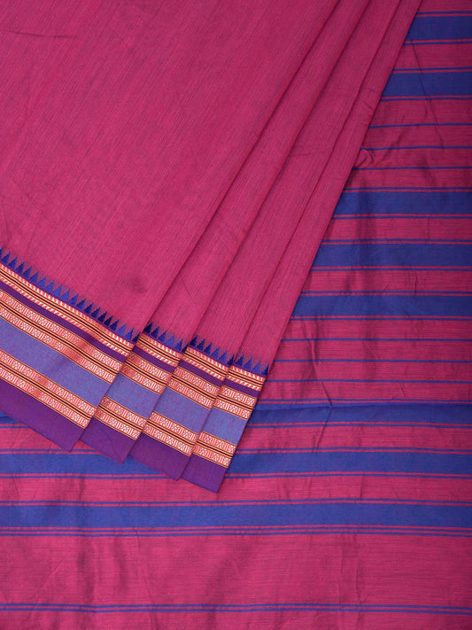 Pink and Blue Bamboo Cotton Plain Saree with Strips Pallu Design No Blouse bc1090