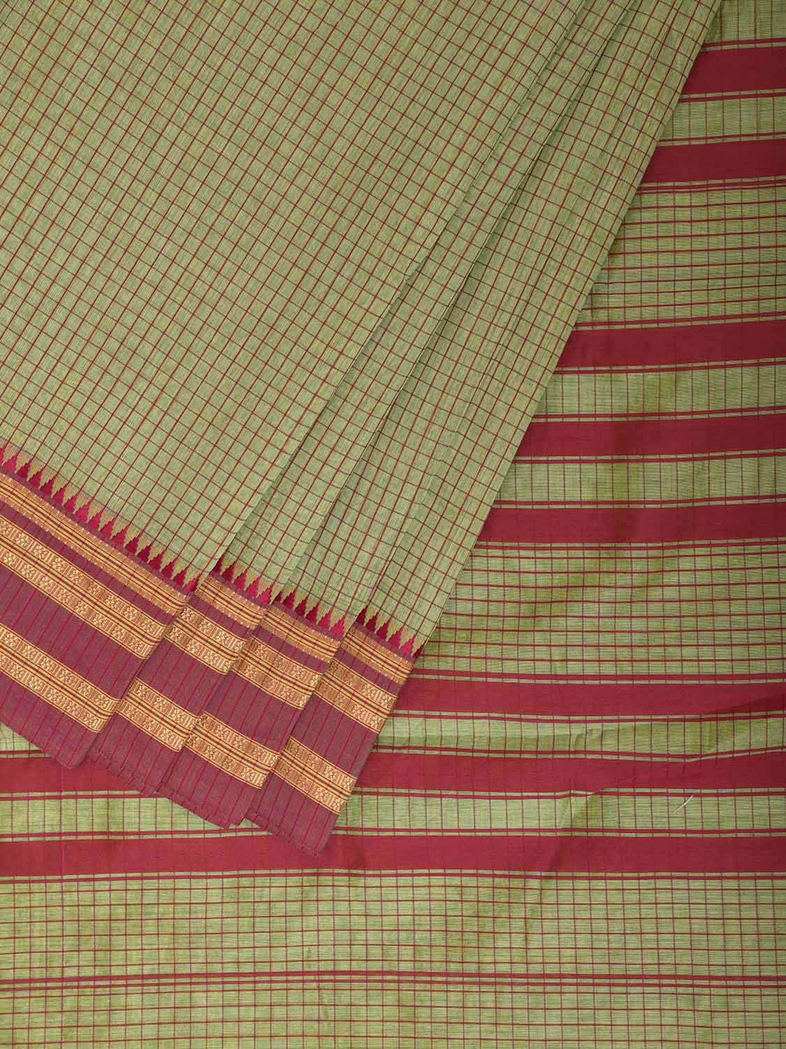 Sea Green and Red Bamboo Cotton Saree with Checks Design No Blouse bc1091