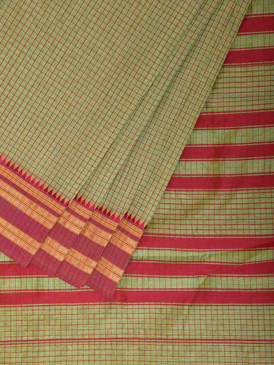 Sea Green and Red Bamboo Cotton Saree with Checks Design No Blouse bc1091