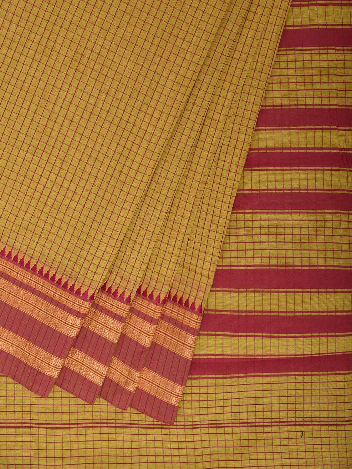 Yellow and Red Bamboo Cotton Saree with Checks Design No Blouse bc1093