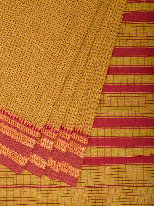 Yellow and Red Bamboo Cotton Saree with Checks Design No Blouse bc1093