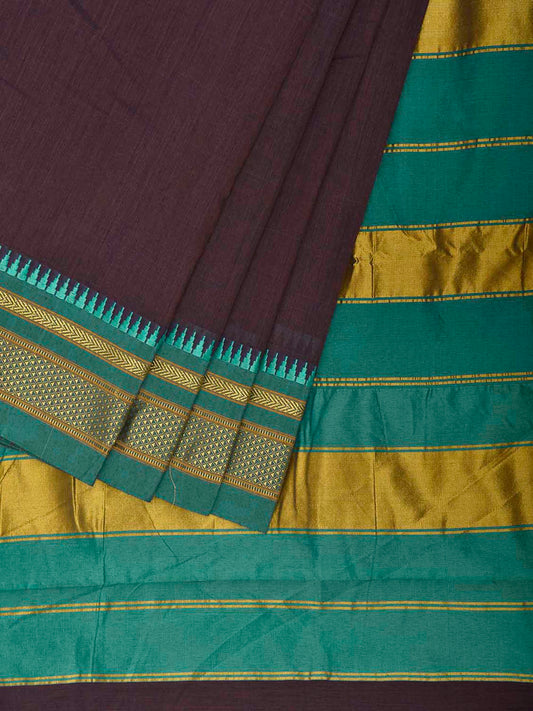 Dark Brown and Green Bamboo Cotton Plain Saree with Contrast Pallu Design No Blouse bc1094