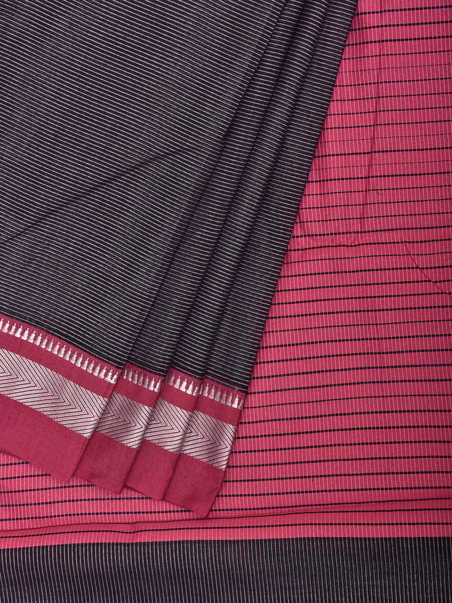 Black and Pink Bamboo Cotton Saree with Strips Design No Blouse bc1095