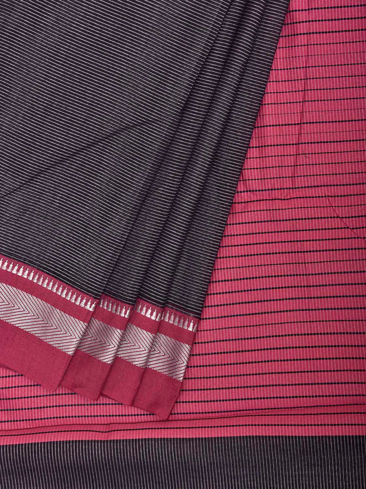 Black and Pink Bamboo Cotton Saree with Strips Design No Blouse bc1095