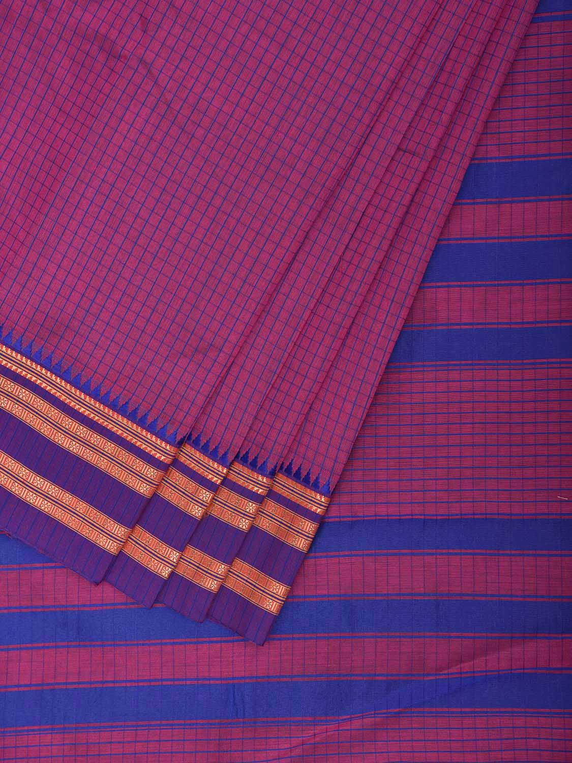 Pink and Blue Bamboo Cotton Saree with Checks Design No Blouse bc1099