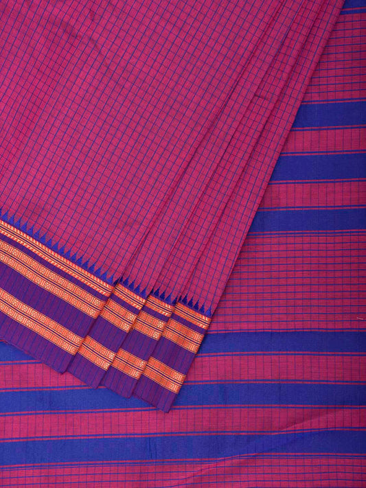 Pink and Blue Bamboo Cotton Saree with Checks Design No Blouse bc1099