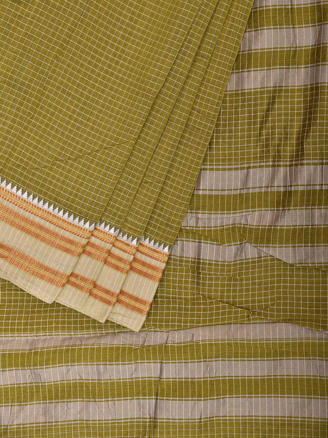Olive and White Bamboo Cotton Saree with Checks Design No Blouse bc1100
