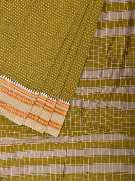 Olive and White Bamboo Cotton Saree with Checks Design No Blouse bc1100